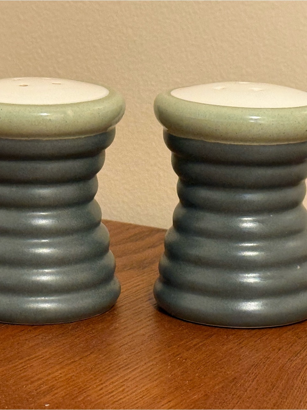 Pfaltzgraff "Sphere" Salt & Pepper Shaker Set in Charcoal Gray and Sage Green